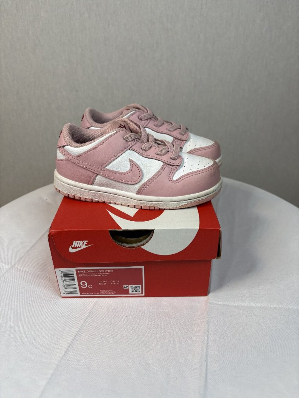 Nike Dunk Low Toddler Sneakers, Size 9C, White/Pink Glaze-Pomegranate